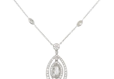 0.50ct Rose Cut Marquise with Diamond Halo Drop Necklace 14k White Gold