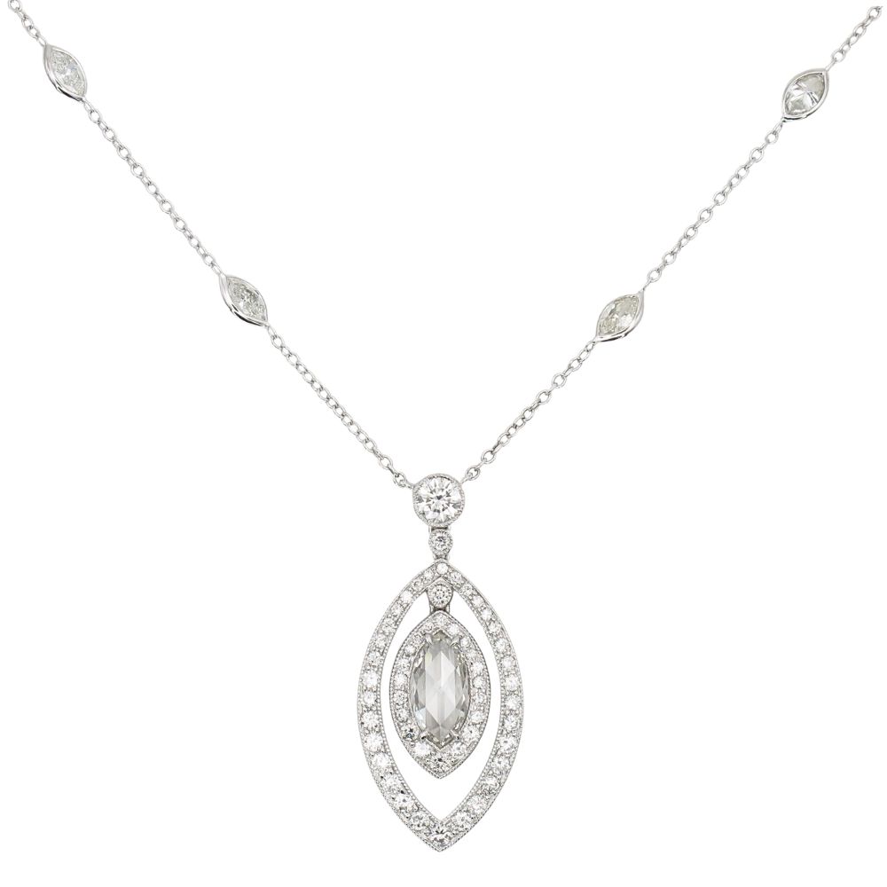 0.50ct Rose Cut Marquise Diamond Halo Drop Necklace 14k