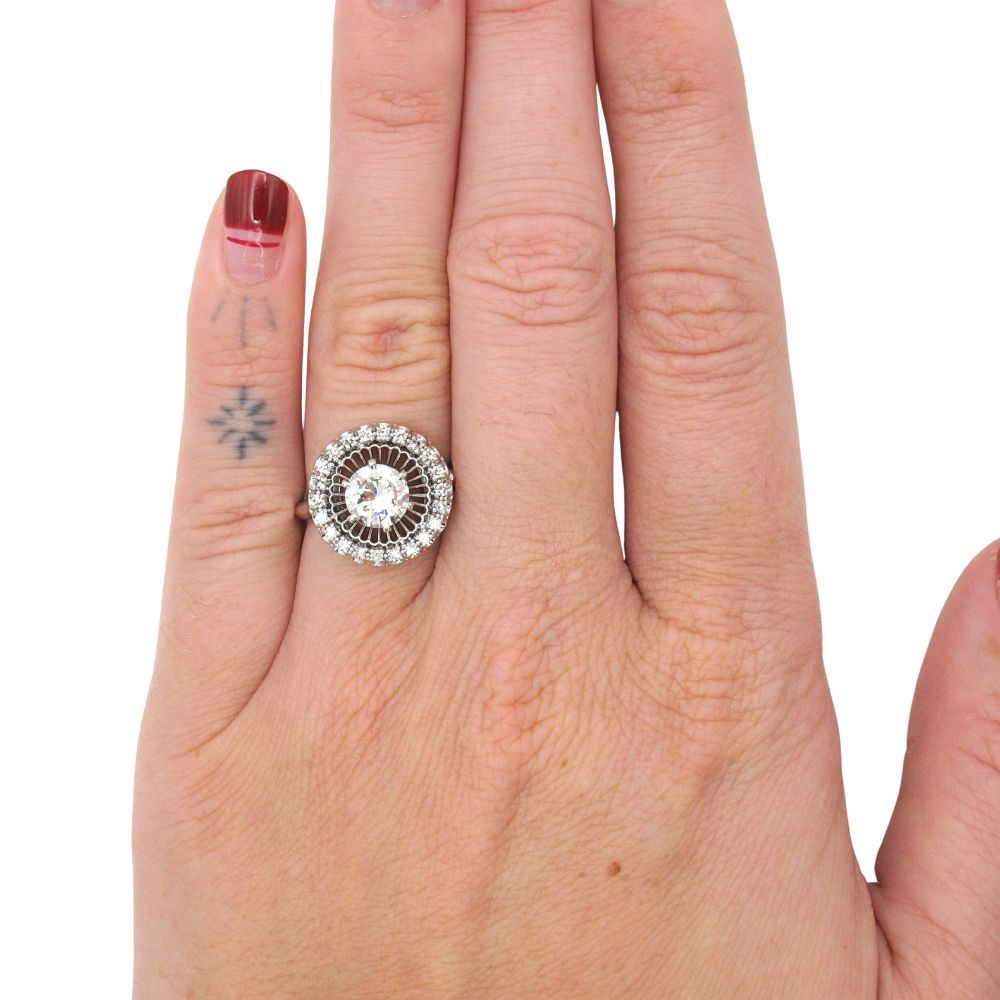 1.13ctw Circular Diamond Halo Mid-Century Engagement Ring 18k White Gold Modeled 1.13ctw Circular Diamond Halo Mid-Century Engagement Ring 18k White Gold Modeled