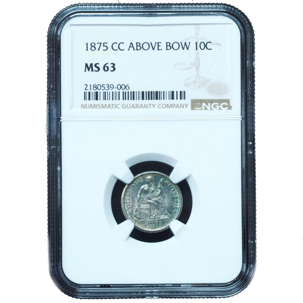 1875-CC Above Bow Seated Liberty Dime MS63 NGC Blue-Green Toning (1) 1875-CC Above Bow Seated Dime MS63 NGC