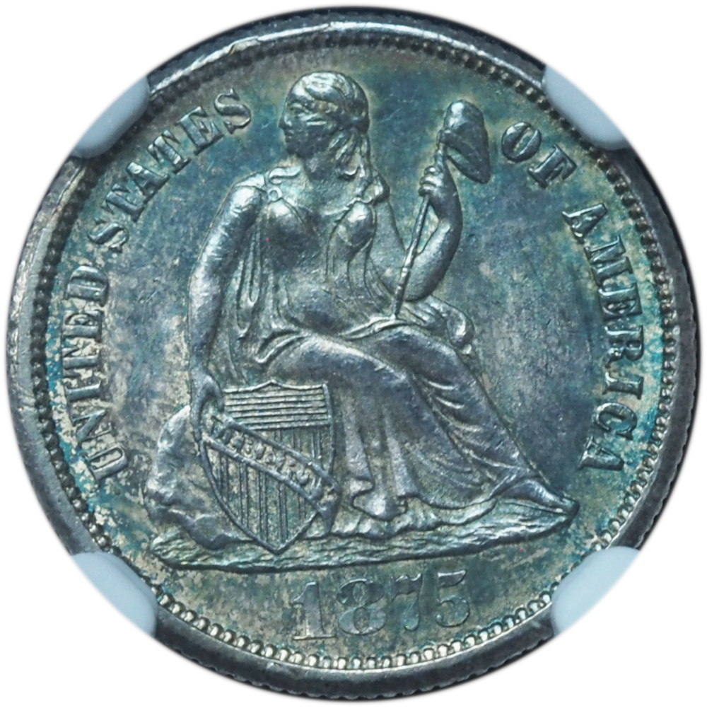 1875-CC Above Bow Seated Liberty Dime MS63 NGC Blue-Green Toning (3) 1875-CC Above Bow Seated Dime MS63 NGC