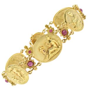 2.4ctw Ruby Greek Mythology Etruscan Revival Bracelet 18K Yellow Gold Front