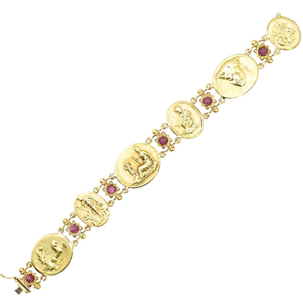 2.4ctw Ruby Greek Mythology Etruscan Revival Bracelet 18K Yellow Gold Layout 2.4ctw Ruby Greek Mythology Etruscan Revival Bracelet 18K Yellow Gold Layout