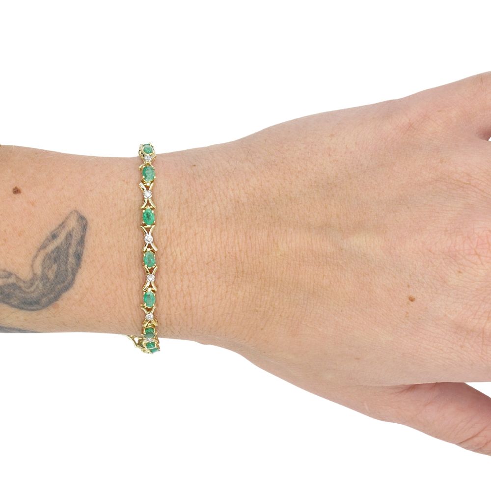 2.59ctw Emerald & Diamond Bracelet 10K Yellow Gold Modeled 2.59ctw Emerald & Diamond Bracelet 10K Yellow Gold Modeled
