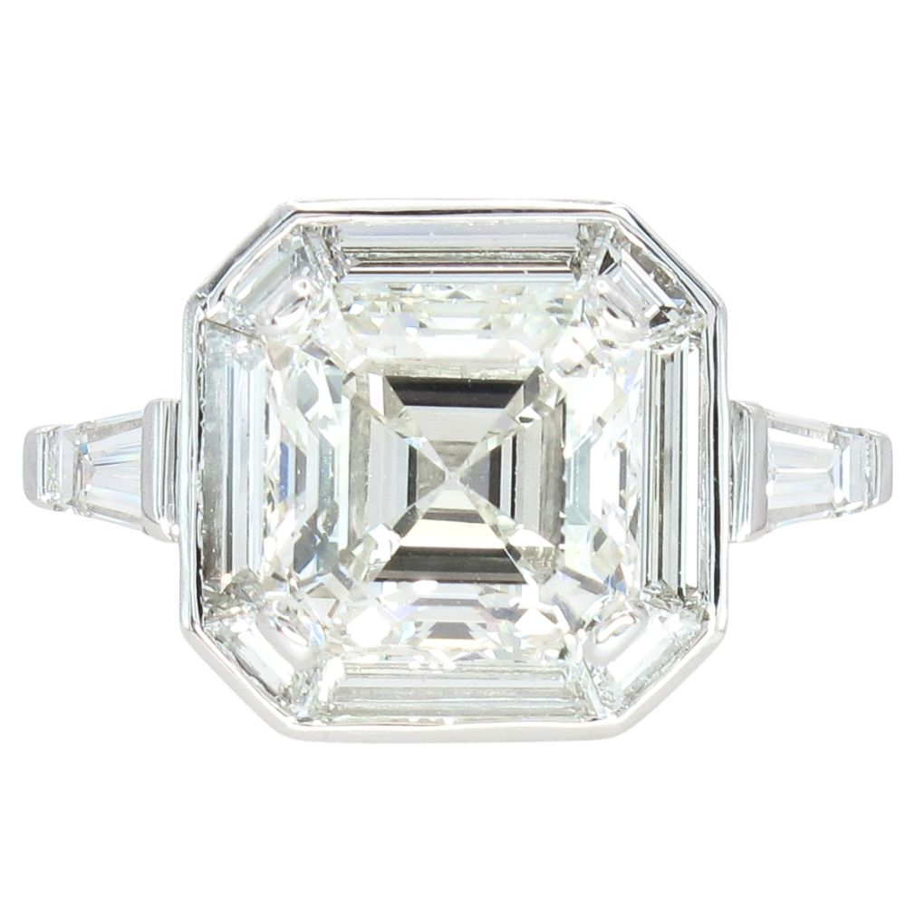 4.48ctw Asscher Cut Diamond Baguette Halo Engagement Ring 14K GIA