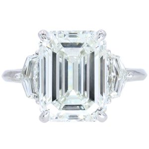 5.61ct Emerald & Cadillac Cut Three Stone Diamond Engagement Ring 14K White Gold GIA Certified