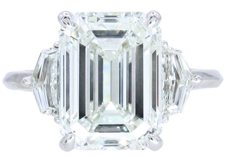 5.61ct Emerald & Cadillac Cut Three Stone Diamond Engagement Ring 14K White Gold GIA Certified