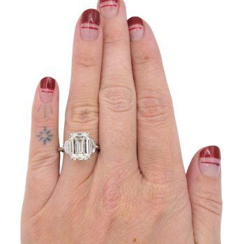 5.61ct Emerald & Cadillac Cut Three Stone Diamond Engagement Ring 14K White Gold GIA Certified modeled
