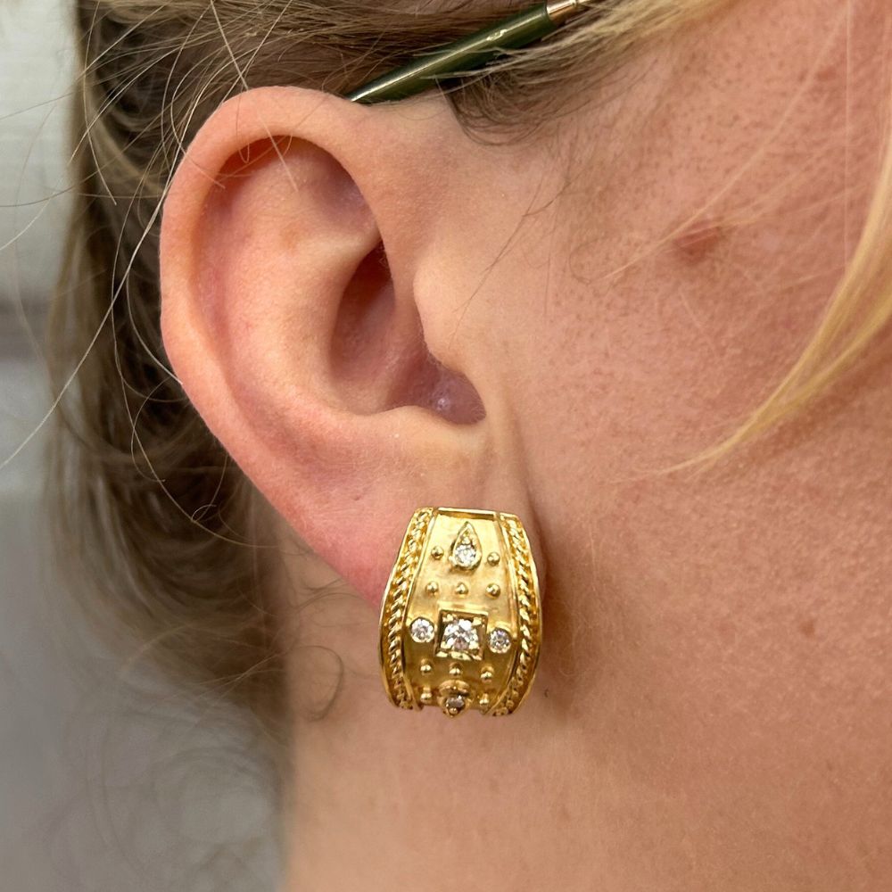 .52ctw Diamond Etruscan Style Earring 14K Yellow Gold Worn .52ctw Diamond Etruscan Style Earring 14K Yellow Gold Worn