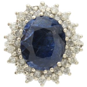 6.85ctw Sapphire Ring with Diamond Double Halo 14K White Gold front