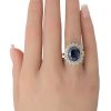 6.85ctw Sapphire Ring with Diamond Double Halo 14K White Gold worn