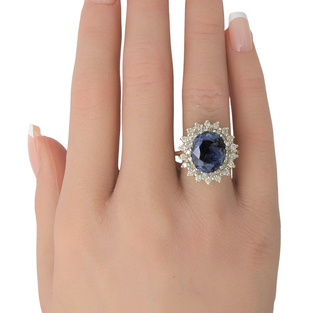 6.85ctw Sapphire Ring with Diamond Double Halo 14K White Gold worn 6.85ctw Sapphire Ring with Diamond Double Halo 14K White Gold worn