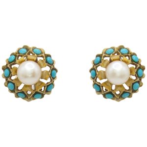 Cultured Pearl Earrings with Turquoise Halo in 14K Gold