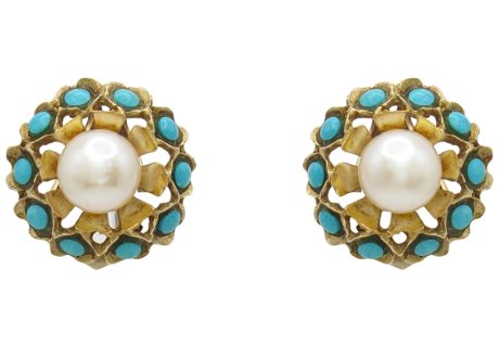 Cultured Pearl Earrings with Turquoise Halo in 14K Gold