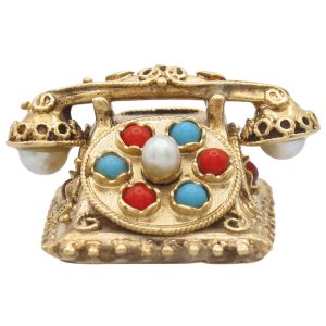 Multi-Gemstone Moving Telephone Charm 14K Gold front