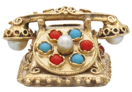 Multi-Gemstone Moving Telephone Charm 14K Gold front