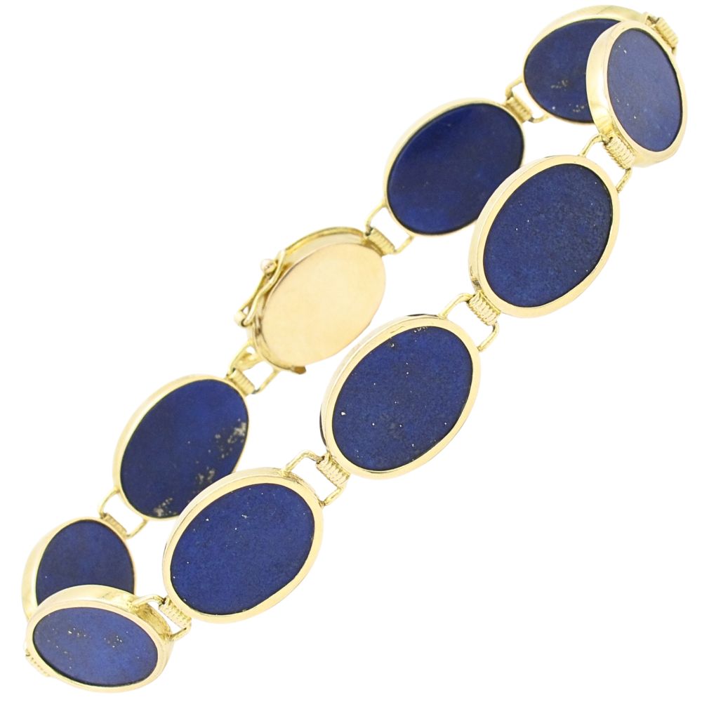Oval Bezel Set Lapis Lazuli Bracelet 14K Yellow Gold Front Oval Bezel Set Lapis Lazuli Bracelet 14K Yellow Gold Front