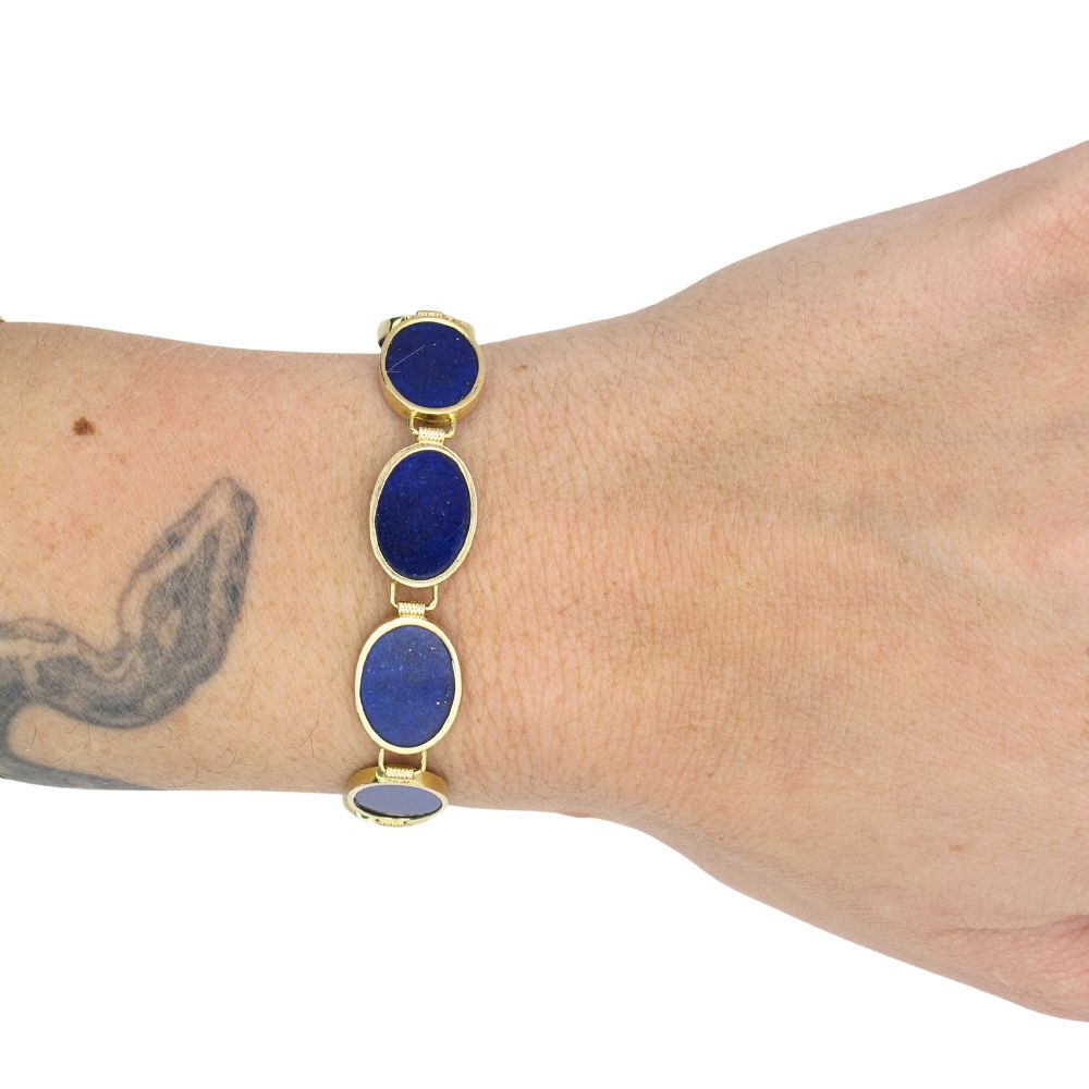 Oval Bezel Set Lapis Lazuli Bracelet 14K Yellow Gold Modeled Oval Bezel Set Lapis Lazuli Bracelet 14K Yellow Gold Modeled