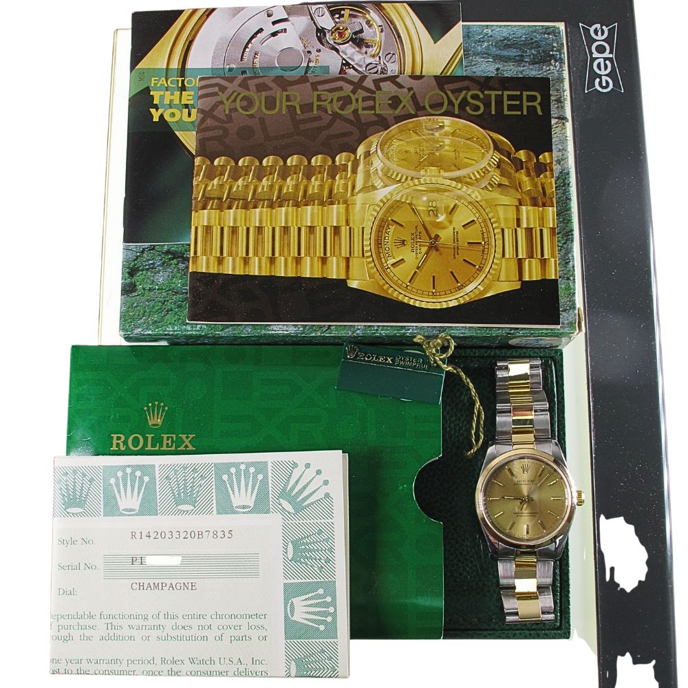 Pre-owned Rolex 34MM Two Tone Oyster Perpetual (2000) Model 14203 b and p inside