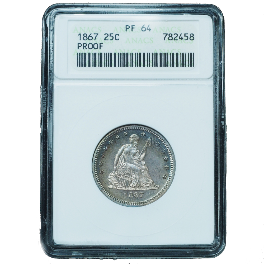 Proof 1867 Seated Liberty Quarter PR64 ANACS Old Soapbox (1) Proof 1867 Seated Liberty Quarter PR64 ANACS