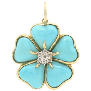 Turquoise Flower Pendant with Spinel Accents 14K Gold front
