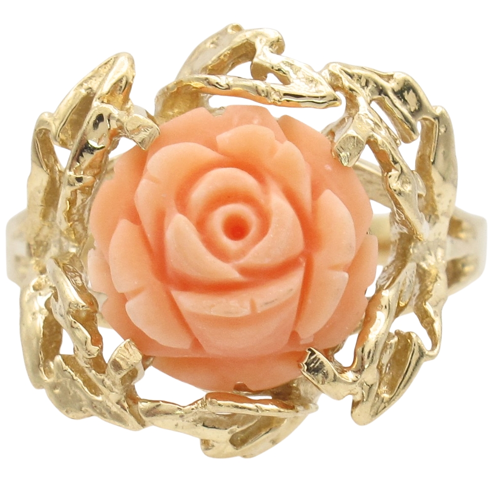Vintage Carved Coral Rose Flower Ring 14K Gold