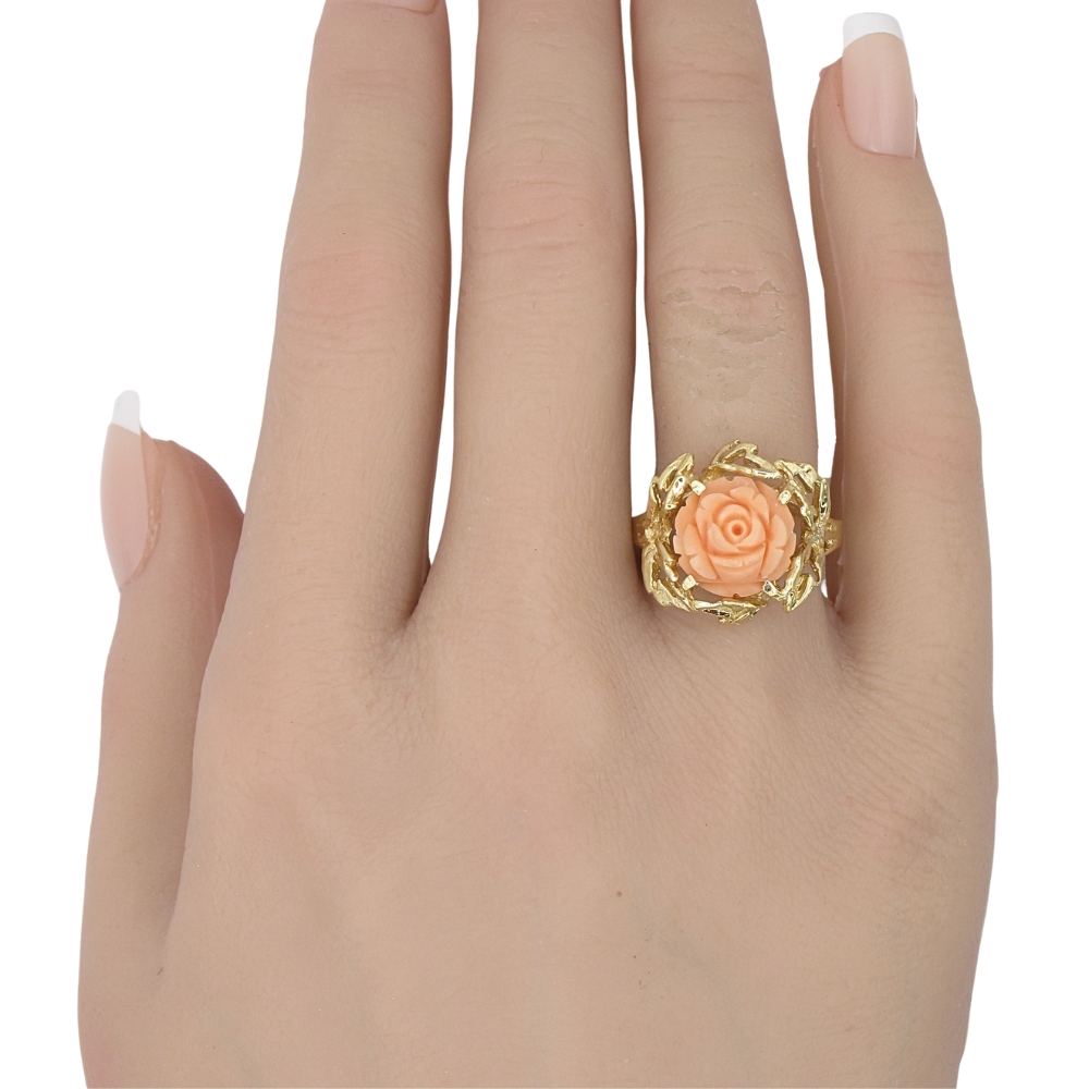Vintage Carved Coral Rose Flower Ring 14K Gold worn