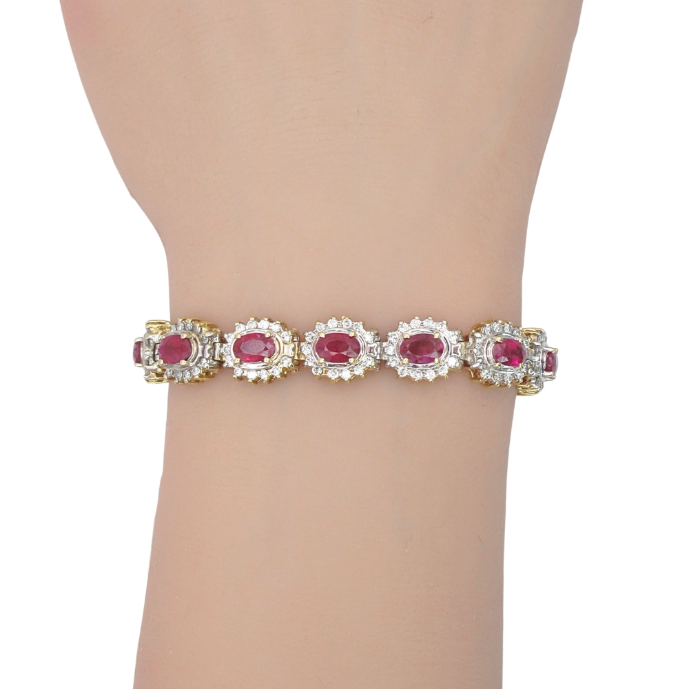11.69ctw Ruby Bracelet with Diamond Halo Accents in 14K Gold worn 11.69ctw Ruby Bracelet with Diamond Halo Accents in 14K Gold worn