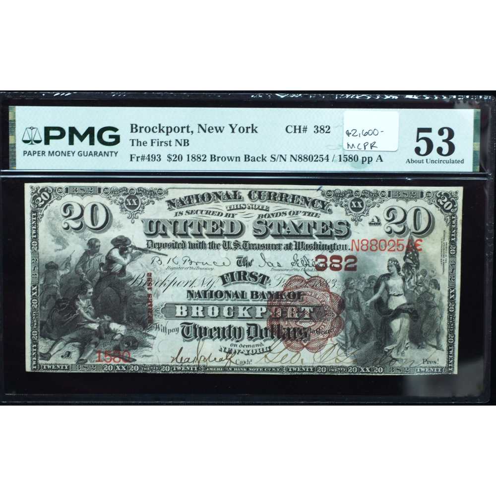 1882 $20 National Bank Note PMG 53 – Brown Back, Brockport, NY (Charter #2619)