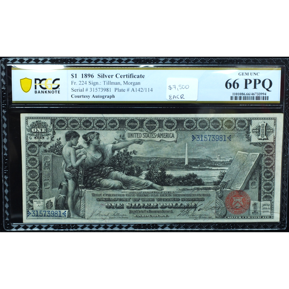 1896 $1 Silver Certificate PCGS 66 PPQ Educational Series (1) 1896 $1 Silver Certificate PCGS 66 PPQ – Educational Series Gem Note