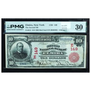 1902 $10 National Bank Note PMG 30 – Red Seal, Elmira, NY (Charter #149)
