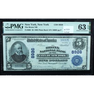 1902 $5 National Bank Note Bronx NY Ch# 8926 PMG 63 EPQ