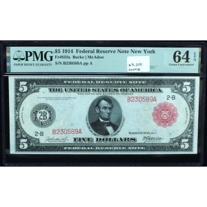 1914 $5 Federal Reserve Note Red Seal New York PMG 64 EPQ