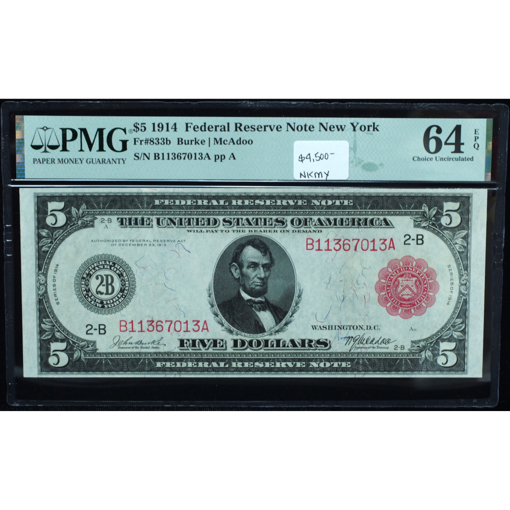 1914 $5 Federal Reserve Note PMG 64 EPQ – Red Seal, New York District fr#833-b