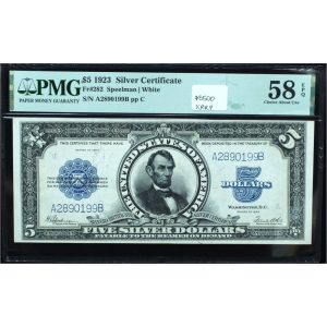 1923 $5 Silver Certificate PMG 58 EPQ Lincoln Porthole