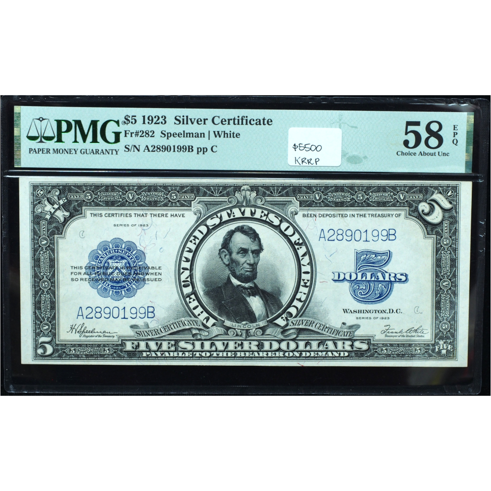 1923 $5 Silver Certificate PMG 58 EPQ – Lincoln “Porthole” Near-Uncirculated Note