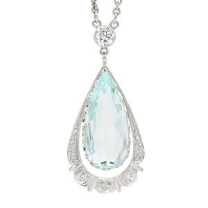 5.69ct Pear Cut Aquamarine Art Deco Necklace 14k White Gold