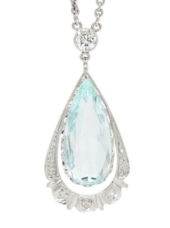 5.69ct Pear Cut Aquamarine Art Deco Necklace 14k