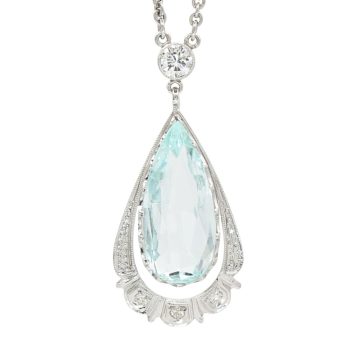 5.69ct Pear Cut Aquamarine Art Deco Necklace 14k White Gold