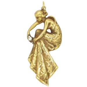 Art Nouveau Era Nymph in Flowing Gown Pendant in 14K Gold front