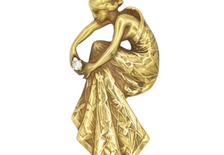 Art Nouveau Era Nymph in Flowing Gown Pendant in 14K Gold front
