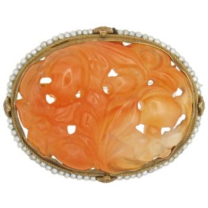 Edwardian Era Carved Orange Jade Brooch 14K Gold