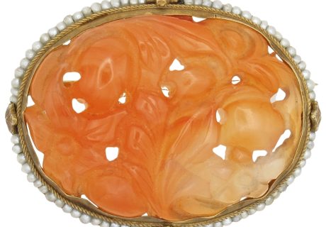 Edwardian Era Carved Orange Jade Brooch 14K Gold