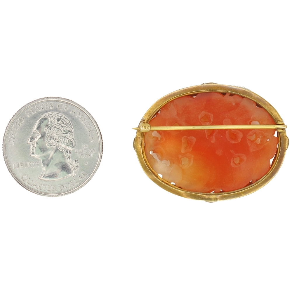 Edwardian Era Carved Orange Jade Brooch 14K Gold back and size Edwardian Era Carved Orange Jade Brooch 14K Gold back and size