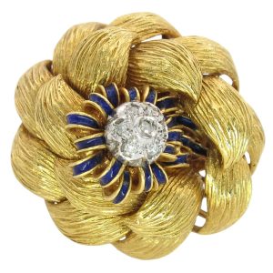 Mid-Century Blue Enamel Ornate Braided Motif Bombe Ring 18K Yellow Gold