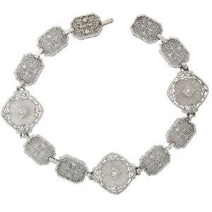 Rock Crystal & Diamond Filigree Art Deco Bracelet 14K White Gold