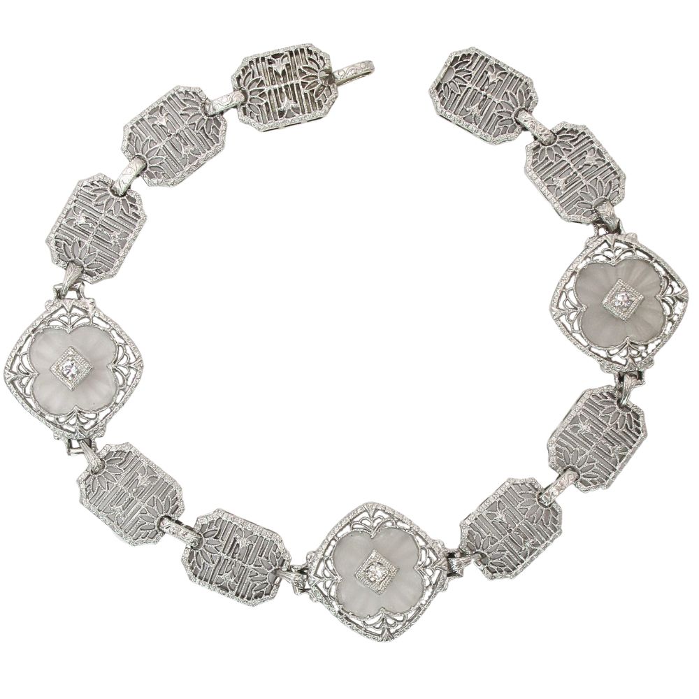 Rock Crystal & Diamond Filigree Art Deco Bracelet 14K