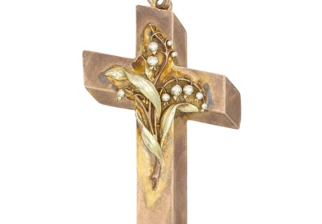 Victorian Era Lily of the Valley Cross Statement Pendant 10K Gold front