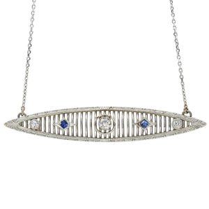 0.43ctw Diamond & Sapphire Art Deco Pin Turned Necklace 14K White Gold