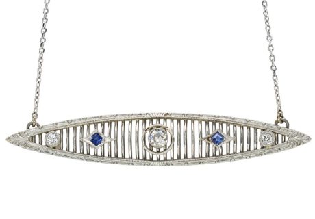 0.43ctw Diamond & Sapphire Art Deco Pin Turned Necklace 14K White Gold